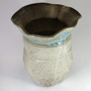 Handmade Flower Vase Stoneware Ceramic White with Green 7" Tall